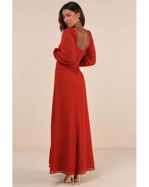 Lulus Red Composed Soiree Twist-Front Long Sleeve Maxi Dress