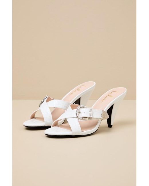 Lulus White Zania Bone Croc-Embossed High Heel Slide Sandals