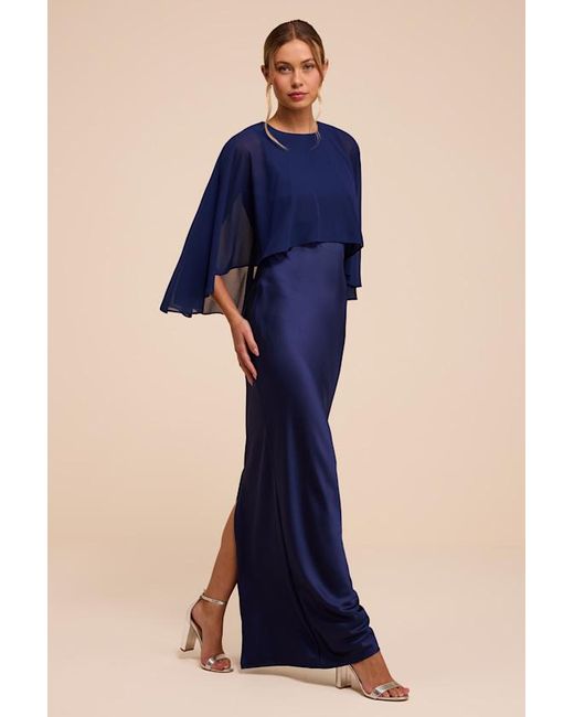 Lulus Blue Fowler Satin Cape Maxi Dress