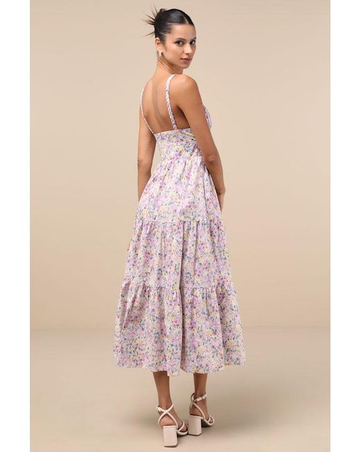 Lulus Pink Brightly Blossoming Multi Floral Tiered Midi Dress