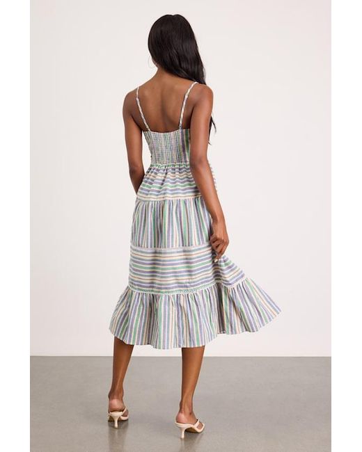 Lulus Natural Journi Multi Striped Tiered Midi Dress