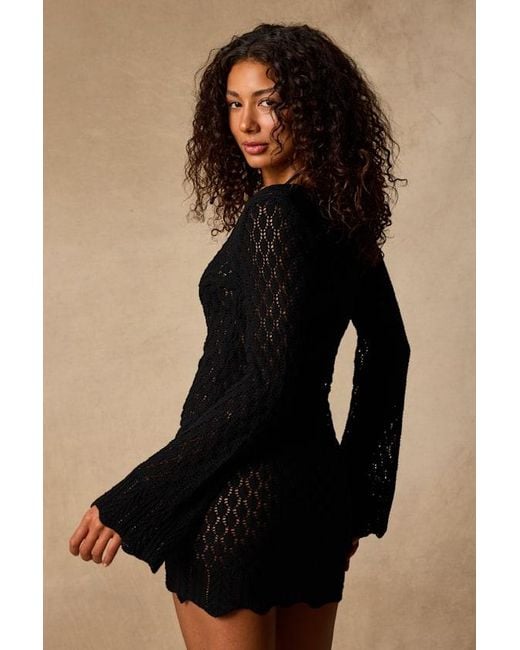 Lulus Black Seadrift Crochet Knit Ruched Mini Swim Cover-Up