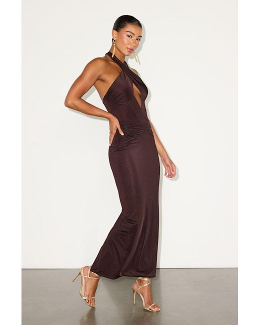Lulus Brown Tailynn Dark Slinky Knit Cross-Front Maxi Dress