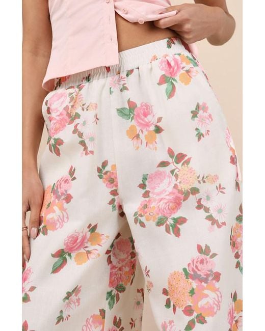 Lulus Natural Zerina Floral Print Wide-Leg Pants
