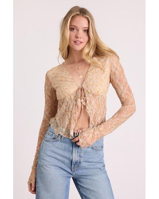 Lulus Blue Netta Floral Lace Tie-Front Long Sleeve Top