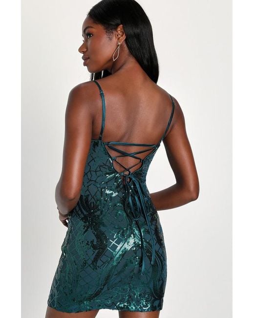 Lulus Blue Sparkling Magic Emerald Sequin Lace-Up Mini Dress