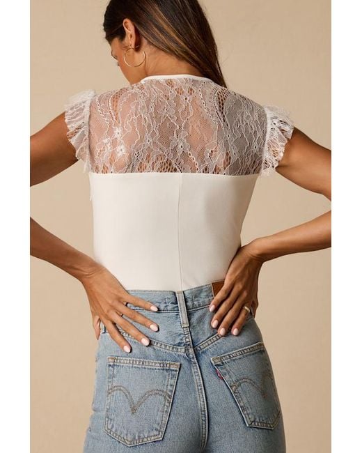 Lulus Blue Coveted Crush Lace Tie-Neck Bodysuit