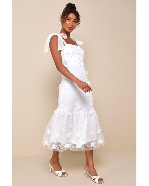 Lulus Natural Divinely Adored Embroidered Floral Tie-Strap Midi Dress