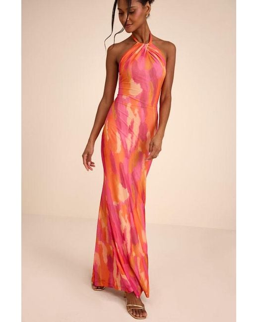 Lulus Red Adriel Multi Abstract Mesh Halter Mermaid Maxi Dress