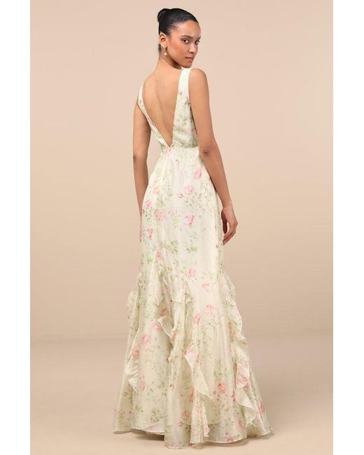 Lulus Green Deluca Cream Floral Sleeveless Ruffled Maxi Dress