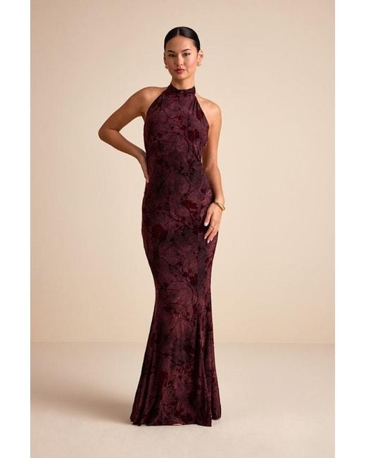 Lulus Red Sitara Abstract Jersey Burnout Velvet Halter Maxi Dress
