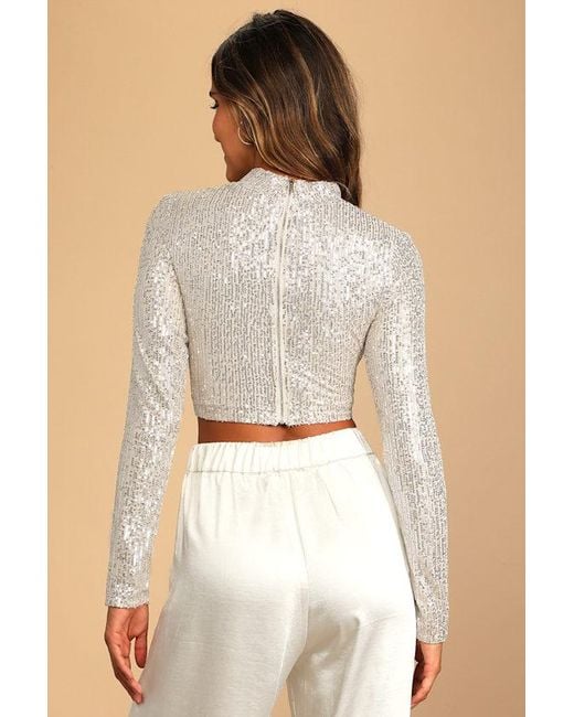 Lulus Metallic Dazzling Beauty Sequin Long Sleeve Mock Neck Crop Top