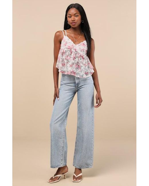 Lulus Pink Alinor And Floral Sheer Babydoll Tank Top