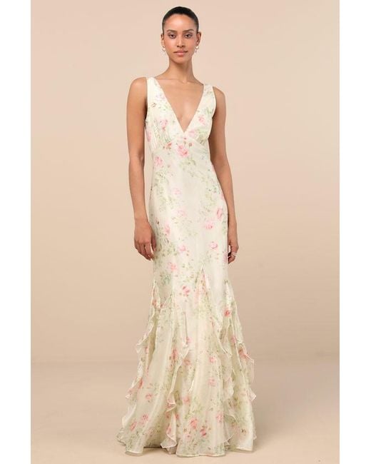 Lulus Green Deluca Cream Floral Sleeveless Ruffled Maxi Dress