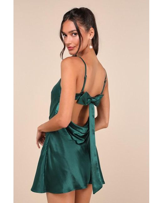 Lulus Blue Sincerest Elegance Emerald Satin Cowl Back Bow Mini Dress