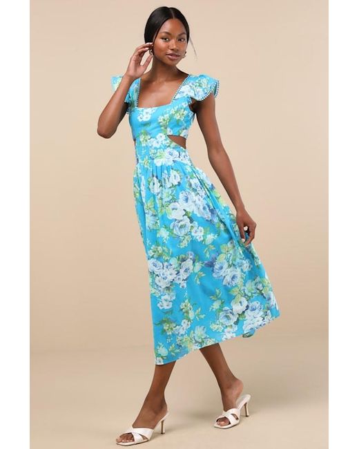 Lulus Blue Prielle Bright Floral Cutout Midi Dress