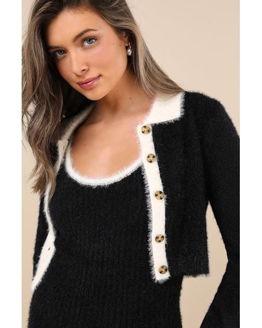 Lulus Black Splendid Duo Eyelash Knit Two-Piece Dress & Cardigan Set