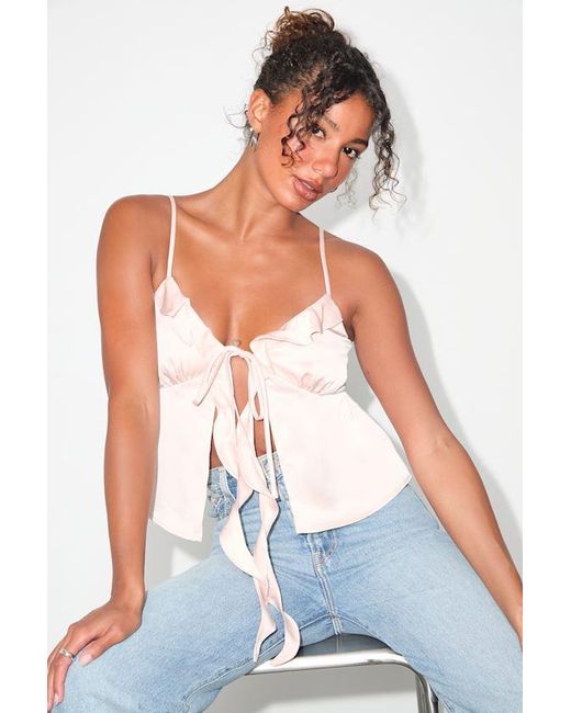 Lulus White Elsie Blush Satin Tie-Front Ruffled Cami Top
