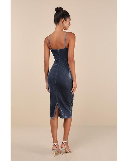Lulus Blue Plush Personality Velvet Ruched Bodycon Midi Dress