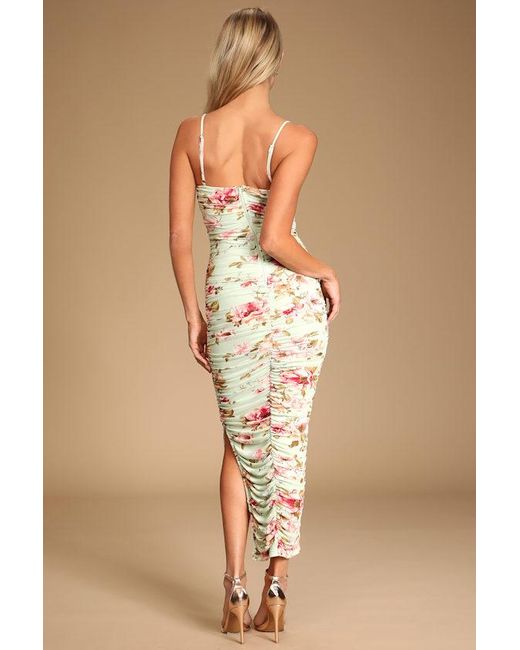 Lulus Natural Stun And Only Sage Floral Print Ruched Mesh Bodycon Midi Dress