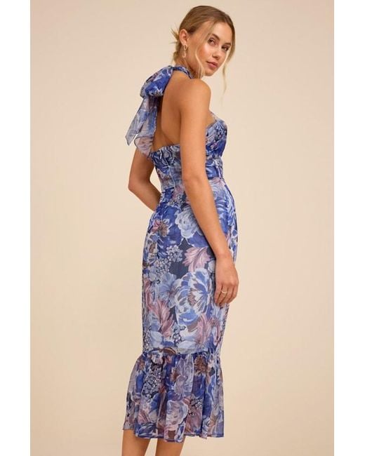 Lulus Blue Juno Multi Floral Halter Trumpet Midi Dress