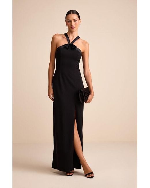 Lulus Black Bisian Velvet Bow Backless Apron Maxi Dress