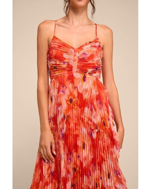 Lulus Red Whitley Floral Pleated Sleeveless Midi Dress