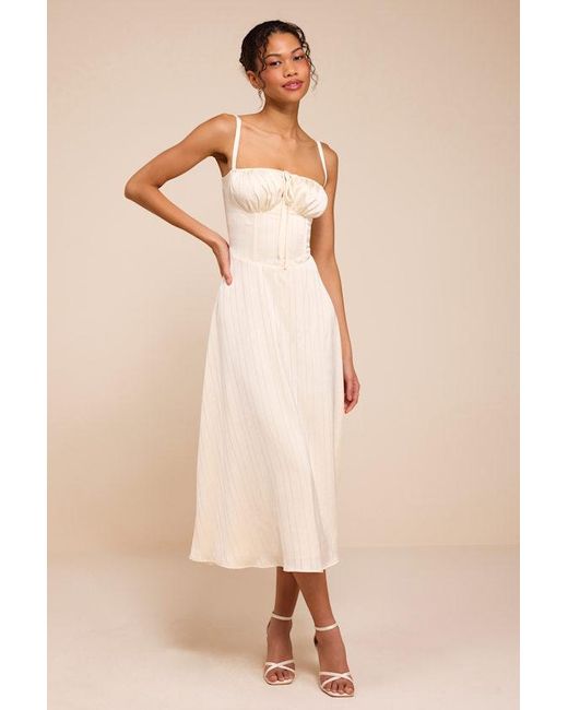 Lulus Natural Adlynn Striped Satin Bustier Midi Dress