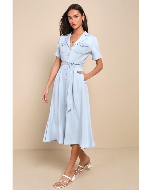 Lulus Blue Pleasant Cutie Chambray Collared Midi Dress With Pockets