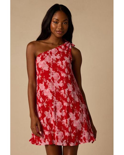 Lulus Red Aralia Multi Floral One-Shoulder Shift Mini Dress
