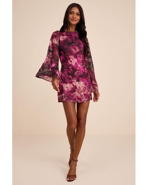 Lulus Red Jaleen Plum Floral Jacquard Bell Sleeve Mini Dress