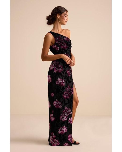 Lulus Natural Marnella Floral Velvet Burnout Asymmetrical Maxi Dress