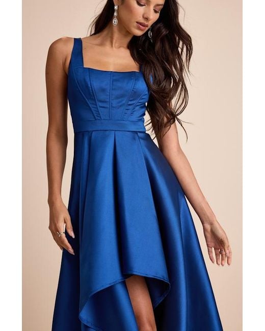 Lulus Blue Wisola Taffeta Pleated Corset High-Low Maxi Dress