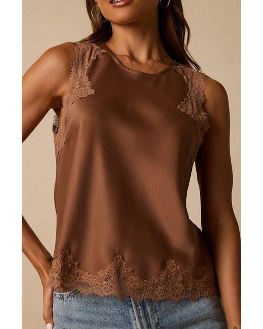 Lulus Brown Jaynae Lace Trim Satin Tank Top