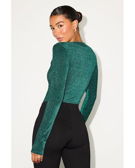 Lulus Green Stelly Shiny Emerald Velvet Textured Long Sleeve Bodysuit