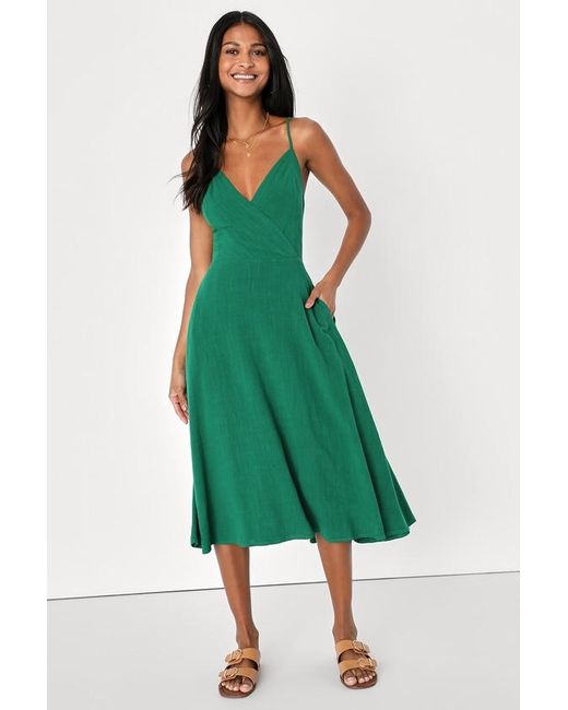 Lulus Green Warm Afternoons Linen Tie-Back Midi Dress With Pockets