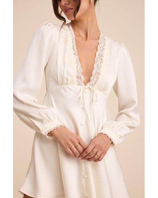 Lulus Natural Goldia Satin Long Sleeve Babydoll Mini Dress
