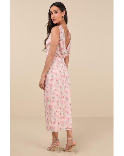 Lulus Pink Charismatic Days Floral Cowl Back Midi Dress