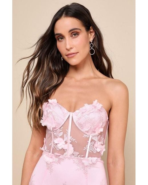 Lulus Pink Radiant Expectations Embroidered Floral Bustier Maxi Dress