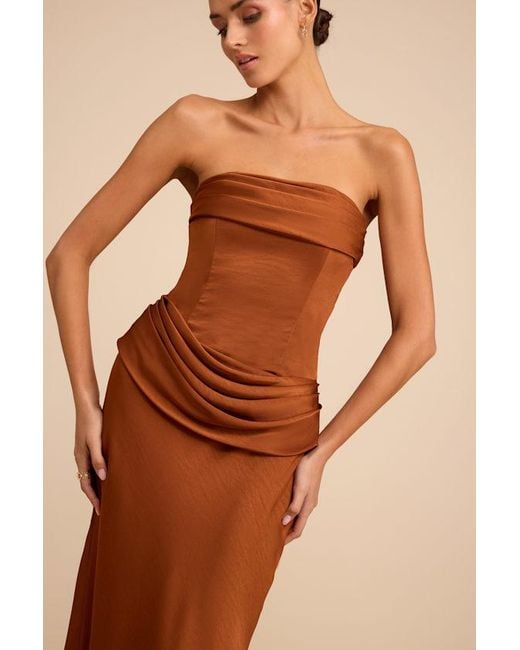 Lulus Natural Verbena Bronze Satin Draped Strapless Maxi Dress