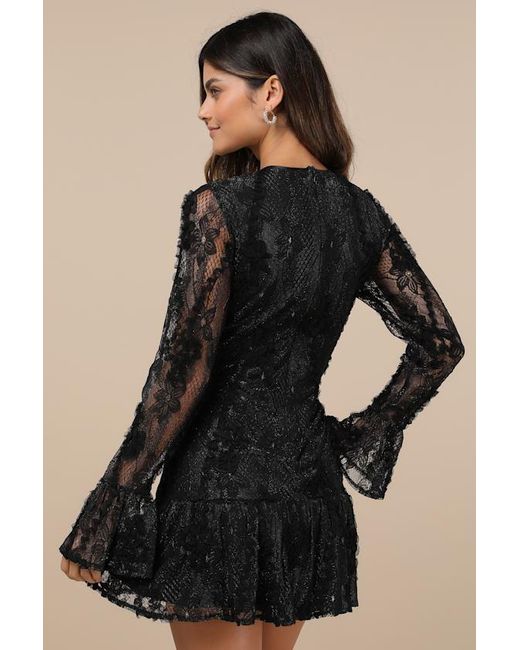 Lulus Black Darling Era Lace Applique Long Sleeve Ruffled Mini Dress