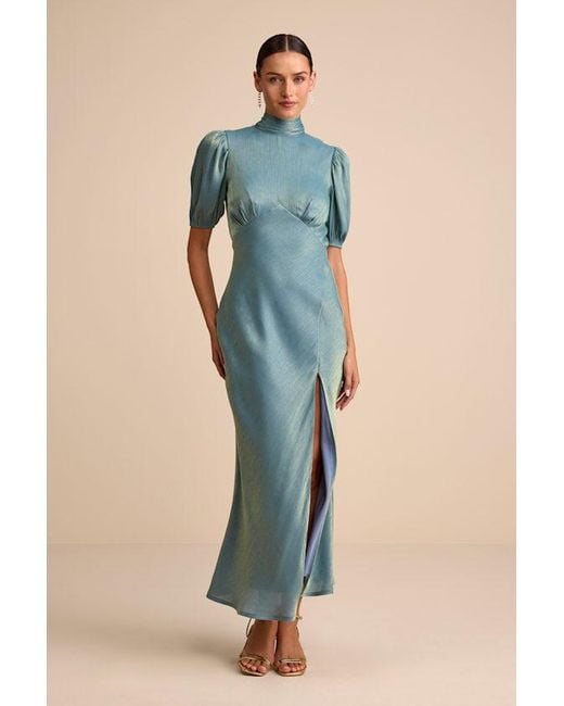 Lulus Green Talira Satin Lurex Mock Neck Cutout Maxi Dress