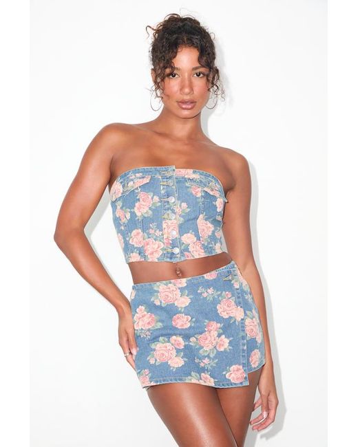 Lulus Blue Ophirah Light Wash Floral Denim Strapless Crop Top