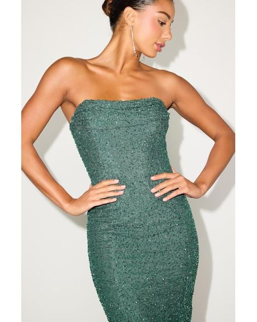 Lulus Green Catriona Emerald Beaded Cowl Neck Strapless Midi Dress