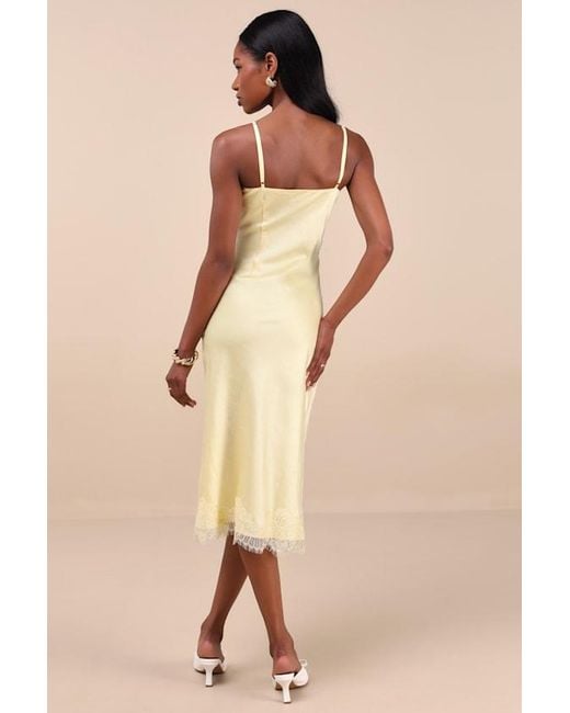 Lulus Natural Raenne Crinkle Satin Lace Midi Slip Dress