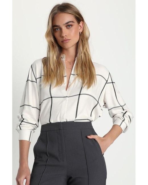 Lulus White Curated Aura And Grid Print Button-Up Top