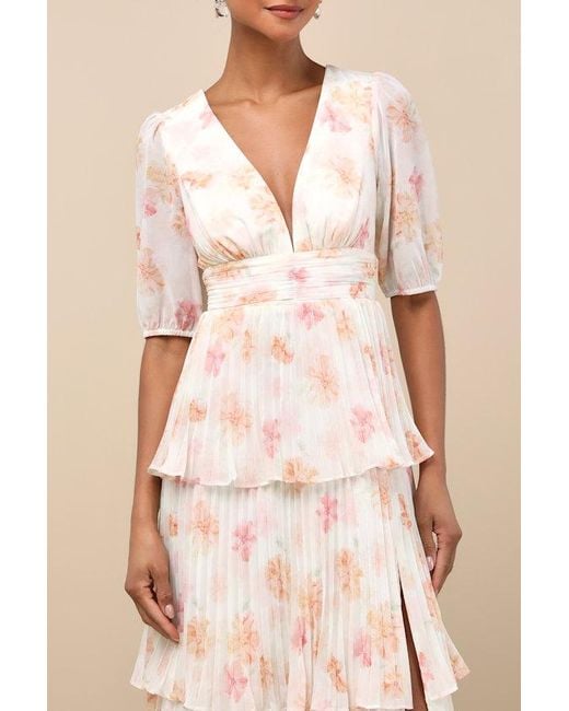 Lulus Natural Jadia Floral Pleated Tiered Midi Dress