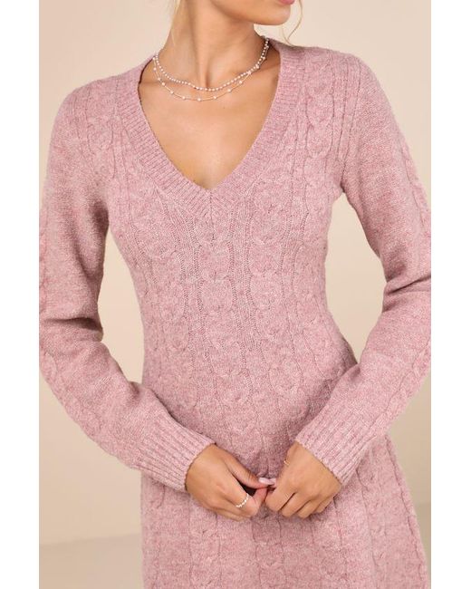 Lulus Pink Snuggly Chic Cable Knit Long Sleeve Sweater Mini Dress