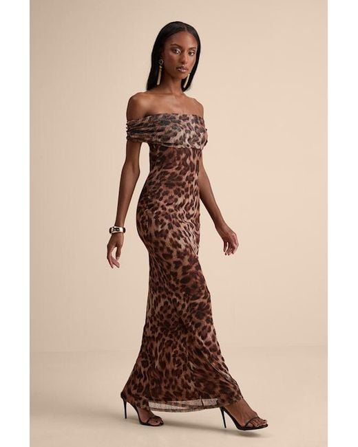 Lulus Natural Dunia Leopard Print Mesh Off-The-Shoulder Maxi Dress