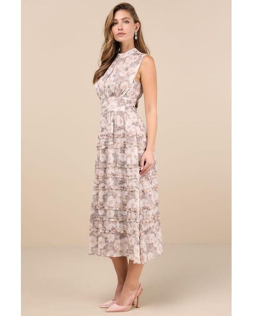 Lulus Natural Happily Sweet Floral Mock Neck Backless Midi Dress